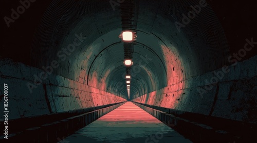 A long tunnel stretches forward illuminated by lights along the ceiling. The walls are made of stone and the ground appears to be flat. The scene feels quiet with a sense of depth.