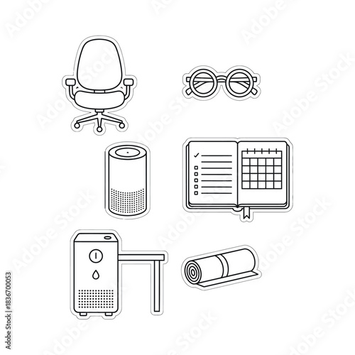 Home office essentials chair glasses smart speaker and yoga mat ideal for creating a productive and healthy workspace at home concept for wellbeing