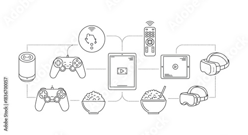 home entertainment system connecting devices tablet controller vr headset perfect for illustrating digital lifestyle gaming and modern relaxation.