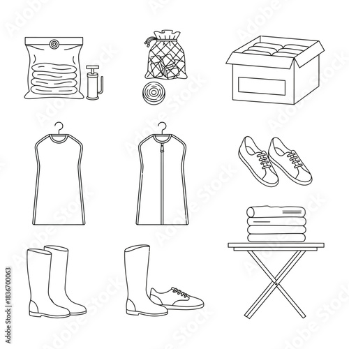 home organization essentials vacuum bags storage box garment bags boots shoes stack of towels line art for moving decluttering or seasonal storage