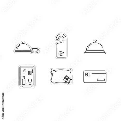 Hotel amenities icons offering room service do not disturb front desk mini bar pillow and chocolate and credit card for a comfortable hotel stay.