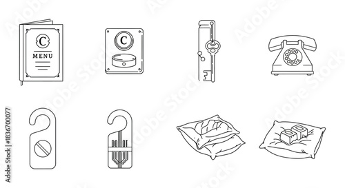 Hotel amenities concept guest services including menu key phone and pillows offer a luxury stay and enhance customer satisfaction.