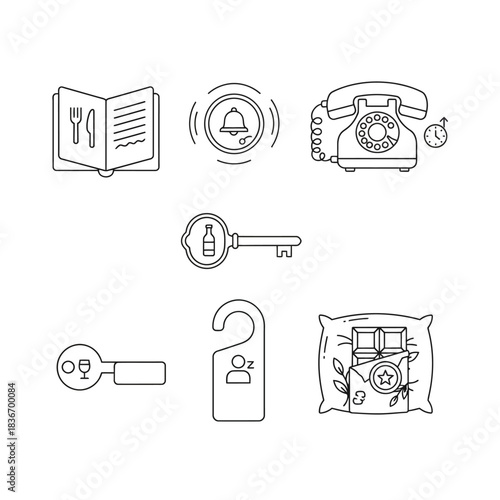 hotel icons classic room service vintage telephone  door hanger illustrating hospitality industry amenities for accommodation and travel guides.