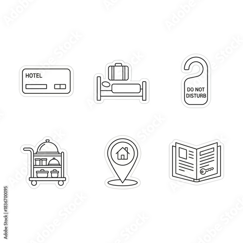 Hotel icons illustrating hospitality services including room key and location for travel blog booking website and promote vacation planning