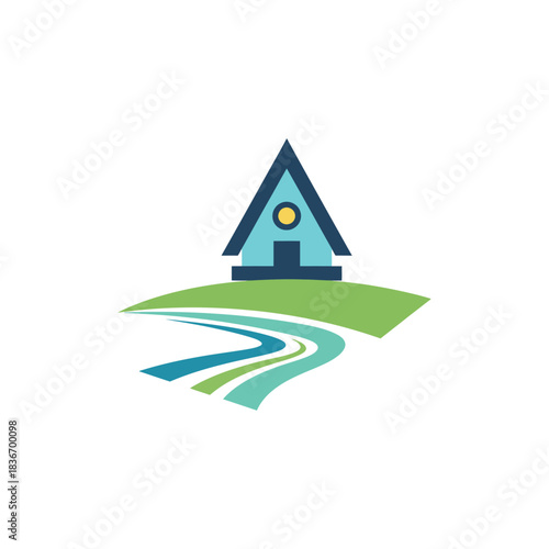 house on a hill with winding stream a simple illustration of tranquil property ideal for real estate ads  promoting sustainable living and eco friendly home