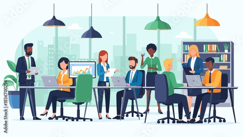 Diverse team collaborating in modern office, discussing business strategies and presenting data on screens during a meeting