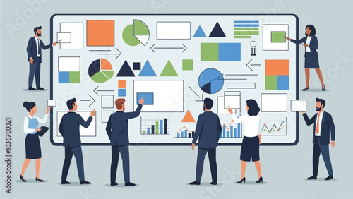 Business team collaborating on a digital whiteboard with various charts and data visualizations