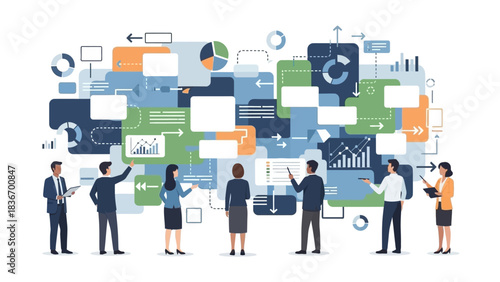 Diverse Business Team Collaborating on Data-Driven Strategy and Information Analysis with Interconnected Visualizations and Digital Insights for Organizational Growth