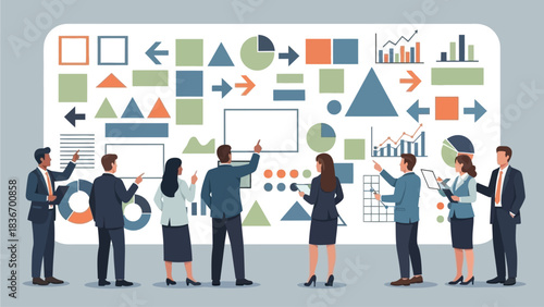 Diverse business team collaboratively analyzing data visualizations and strategic concepts on an interactive display, driving informed decision-making
