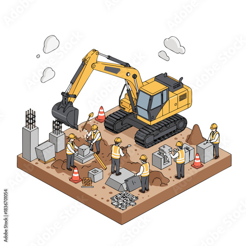 Isometric 3D Illustration of Construction Workers Operating an Excavator on a Building Site with Concrete Blocks and Safety Cones Under a Blue Sky with Clouds