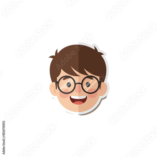 Happy Young Boy With Brown Hair Wearing Round Glasses Smiling Joyfully In A Flat Design Style Isolated On Black Background