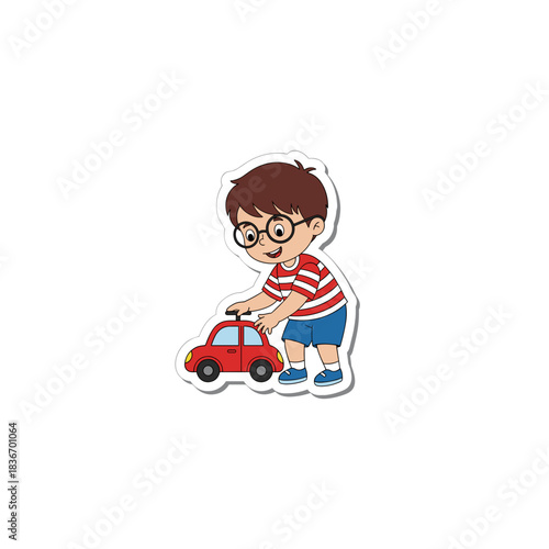Happy young boy with glasses wearing a striped shirt and blue shorts pushing a small red toy car across a black background in a cartoon illustration style
