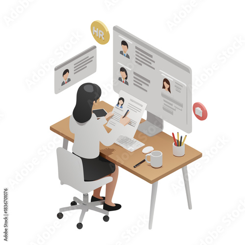 Human Resources Professional Reviews Resumes on Computer Screen at Desk with Coffee Mug Pens and Chair in Office Setting Subtle Flat Design Style