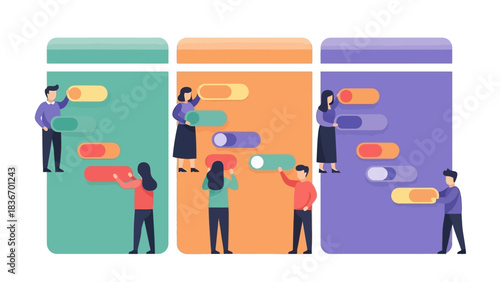 Organizing tasks on a digital board, people collaborating to manage projects, and workflow optimization for business productivity