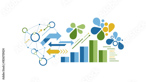 Dynamic conceptual illustration showcasing business analytics, strategic planning, and interconnected processes driving growth, innovation, and digital transformation