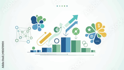Abstract illustration depicting business growth, strategic planning, and financial analysis. Visuals include rising bar charts, interconnected data, and conceptual icons for market success