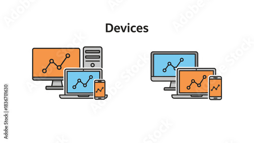 Modern digital devices showing analytics graphs and charts, representing data visualization and technology concepts