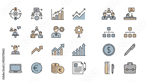Diverse collection of flat vector icons depicting business, finance, management, and analytical concepts, perfect for professional presentations, reports, and digital interfaces