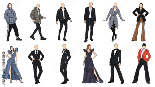 Stunning collection of diverse fashion figures showcasing modern casual to elegant formal wear styles