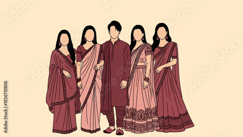 Elegant South Asian family portrait featuring one man and four women in stunning traditional maroon and pink attire