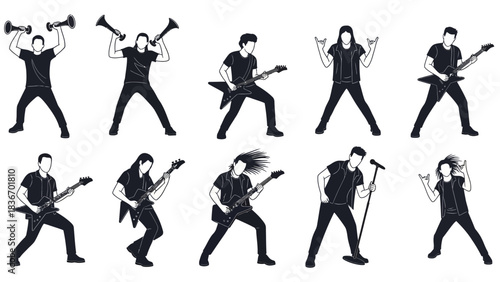 Dynamic collection of rock musicians and fans striking powerful poses with guitars and horns signs