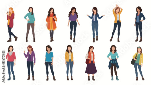 Collection of diverse young women showcasing various casual autumn fashion styles and confident poses