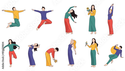 Dynamic collection of diverse people expressing joy freedom and mindful movement through expressive poses and dance