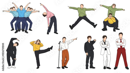 Dynamic collection of diverse people posing, dancing, and performing various expressive actions perfect for modern design projects