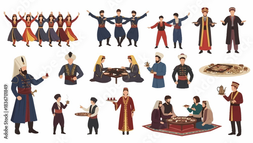 Stunning collection of traditional Turkish people celebrating culture with dance, games, and serving tea