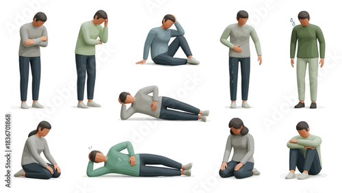 Stunning collection of 3D figures illustrating various states of physical discomfort sickness and anxiety relief
