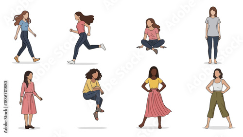 Diverse group of modern women showcasing various casual activities like walking running sitting and standing confidently