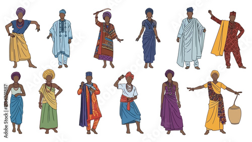 Stunning collection of diverse African men and women showcasing vibrant traditional cultural attire and heritage