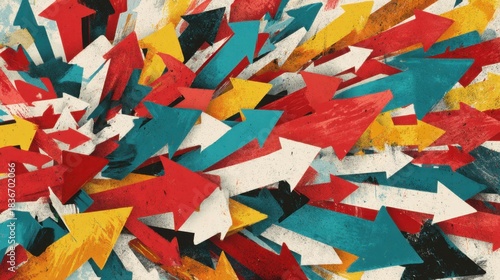 Many arrows in red blue yellow and orange point in various directions on a light background. The design shows energy and movement with overlapping arrows and vibrant colors.