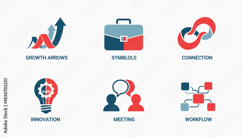Fototapeta premium Abstract vector icons representing key business concepts like growth, innovation, connection, communication, and workflow optimization for modern corporate designs