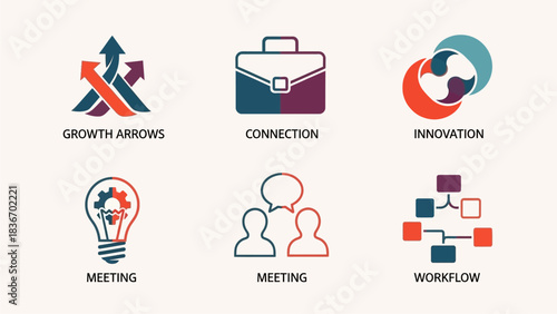 Set of six business icons representing growth, connection, innovation, meeting, discussion, and workflow for presentations and web design