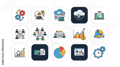 Business analytics and strategy icons representing data analysis, project management, cloud computing, and financial growth