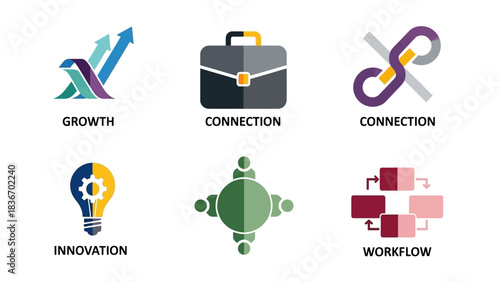 Business concepts collection with icons for growth, connection, innovation, and workflow