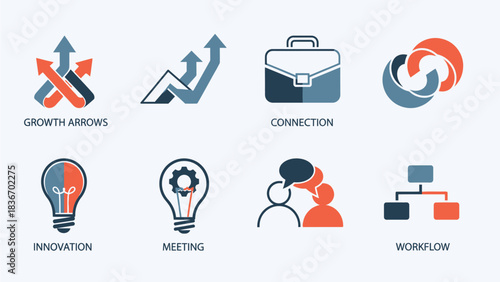 Modern vector business icons for corporate growth, innovation, strategy, communication, team meetings, and efficient workflow processes