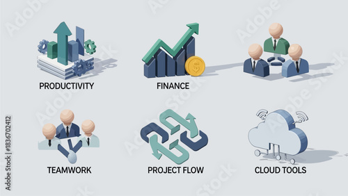 Modern 3D isometric icon collection showcasing essential business concepts like financial growth, productivity, teamwork, project management, and cloud technology solutions