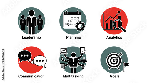 Modern vector icons illustrating key business management principles, including leadership, strategic planning, performance analysis, effective communication, and goal achievement