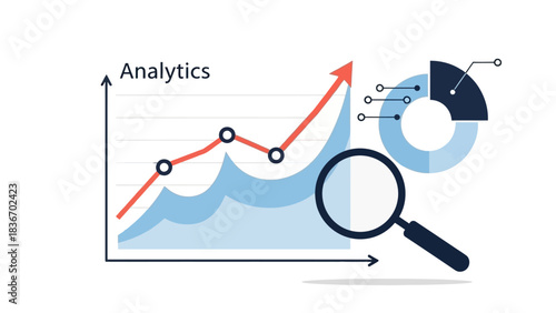 Dynamic data analysis and business growth concept with charts, graphs, and a magnifying glass, representing strategic insights and financial success through detailed examination