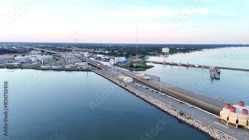 Wallpaper Mural Aerial View Of Long Monitor Merrimac Memorial Bridge Tunnel crossing water of Hampton Roads Channel with a distant harbor and open sky Newport News Virginia Torontodigital.ca