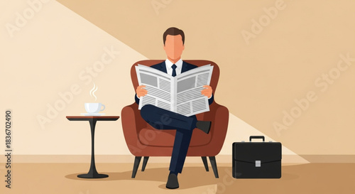 Man Reading Newspaper in Modern Office Chair with Briefcase and Coffee on Side Table, Indoor Lifestyle Scene, Front View