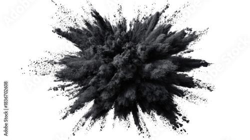Black powder explosion cloud bursting, abstract smoke, dust particles scattering, energy impact, transparent background