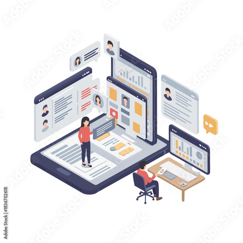 Isometric 3D vector illustration depicting digital recruitment process with diverse candidates profiles on screens and computer interface for online job searching and hiring analytics