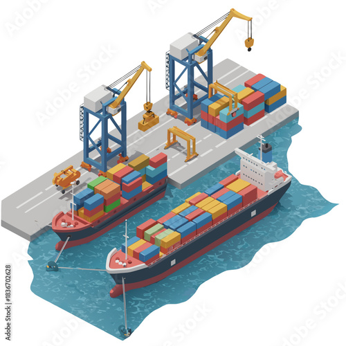Isometric 3D Vector Illustration Of A Busy Shipping Port With Cargo Ships Cranes And Shipping Containers In The Water And On The Dock At Daytime
