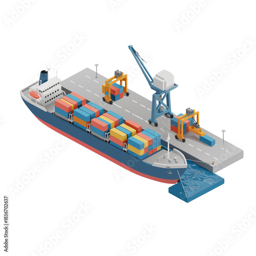 Isometric 3D Vector Illustration of a Cargo Ship Unloading Shipping Containers at a Port Dock with Cranes and Equipment illuminated by bright daylight with a clear blue sky background