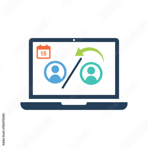 job rotation calendar blue to green employee transition on a laptop screen illustrating staff changes and internal growth perfect for hr tech blogs