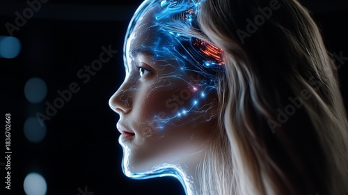 AI Woman shows neural network connections in her head against a dark background, appearing futuristic and technologically advanced.