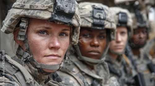 Group of soldiers in uniform sitting together during a mission outside in a military zone